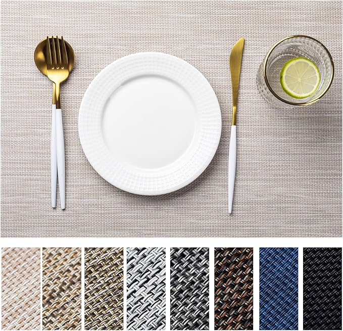 LEXMORE Placemats Set of 4 Vinyl/Plastic Woven Place Mats for Kitchen Table Indoor/Outdoor Washable Placemat Wipeable Dining Table Mats(Beige)