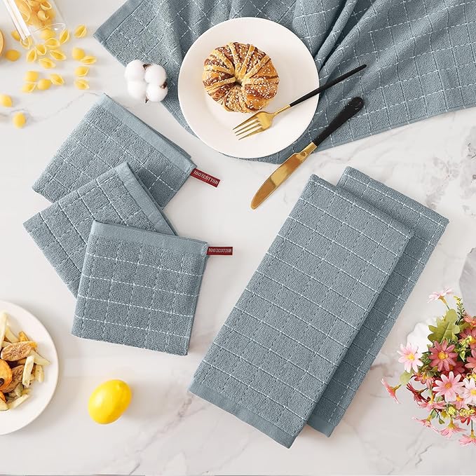 Homaxy Kitchen Towels and Dishcloths Set, 12 x 12 and 13 x 28 Inches, Set of 8 Bulk Cotton Terry Kitchen Towels Set, Checkered Designed, Soft and Super Absorbent Dish Cloths, Grey