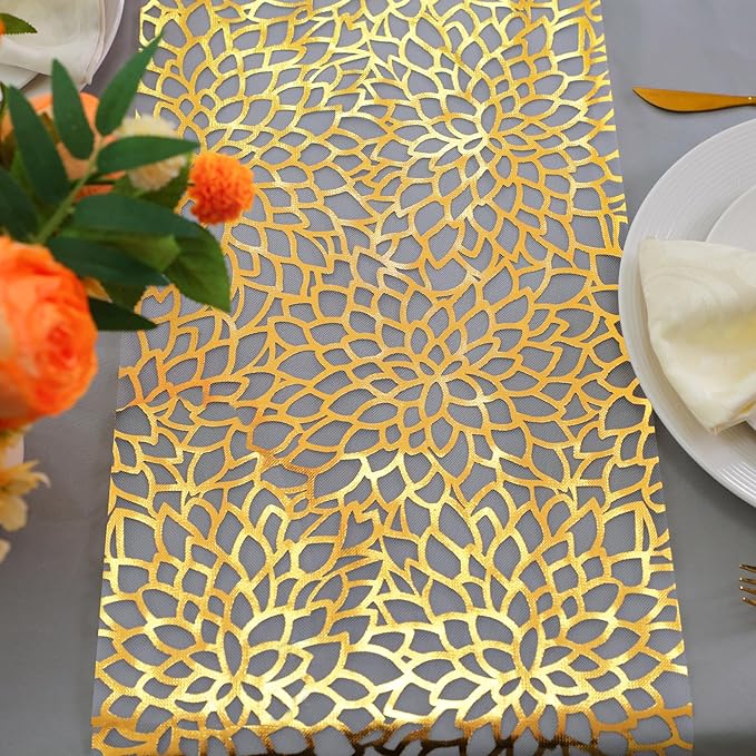 Snowkingdom 2 PCS Gold Spring Easter Table Runner 108 Inches Long, Gold Bloom Sequin Glitter Flower Floral Table Decor for Winter Holiday Dining Kitchen Party Valentine's Day New Year Home Decorations
