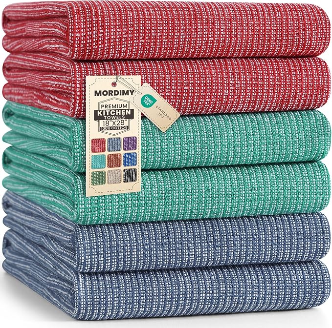 Mordimy Premium Kitchen Towels 6 Pack (18 x 28 Inches, Navy Blue/Red/Green), Large Cotton Flat & Terry Kitchen Hand Towel, Super Absorbent Tea Dishtowels Set with Hanging Loop