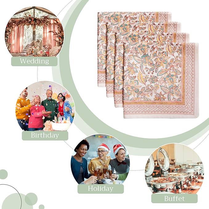 Maison d' Hermine Cloth Napkins Set of 4 100% Cotton for Thanksgiving Christmas Decorations Everyday Reusable Square Fall Napkins Cloth Washable Dinner Party (Nila, 20"x20")