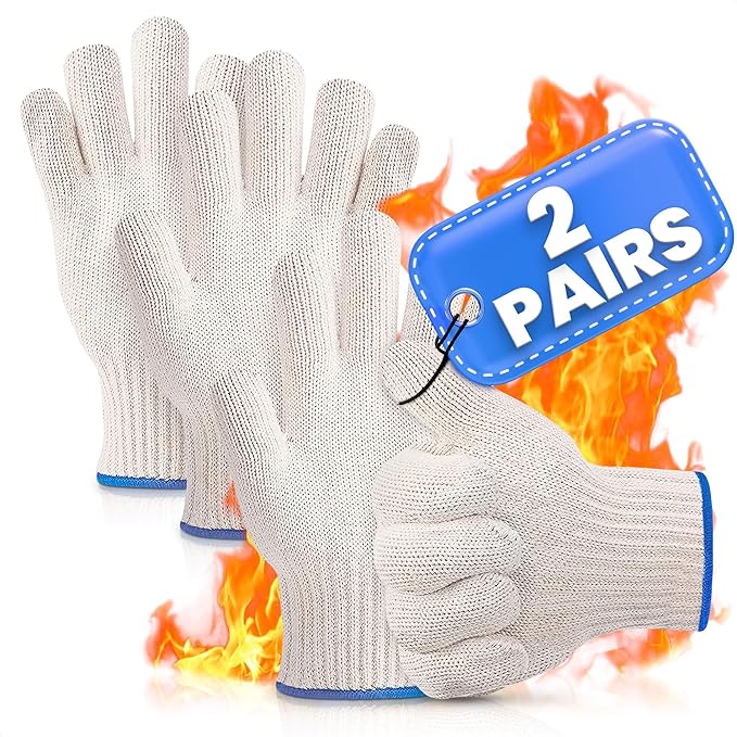 2 Pair Heat Resistant Gloves for Cooking – 9.5" Aramid Fibre Oven Gloves with Fingers, Non-Slip BBQ Grill Protector for Baking, Frying & Smoker – Reusable Heat Protection for Safe Cooking & Grilling