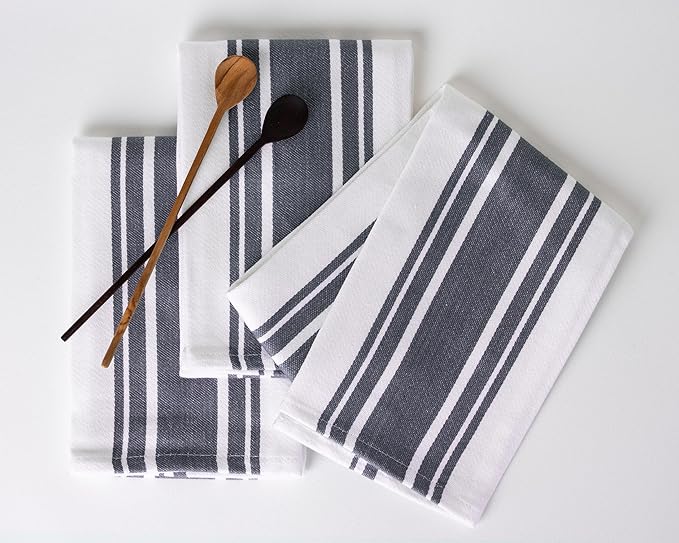 Kitchen Towels Set – Pack of 6 (20’’ x 30’’) Extra Large Premium Cotton Dish Towels for Kitchen – Absorbent – 100% Cotton – with Hanging Loop – Dark Grey Multi Design Striped