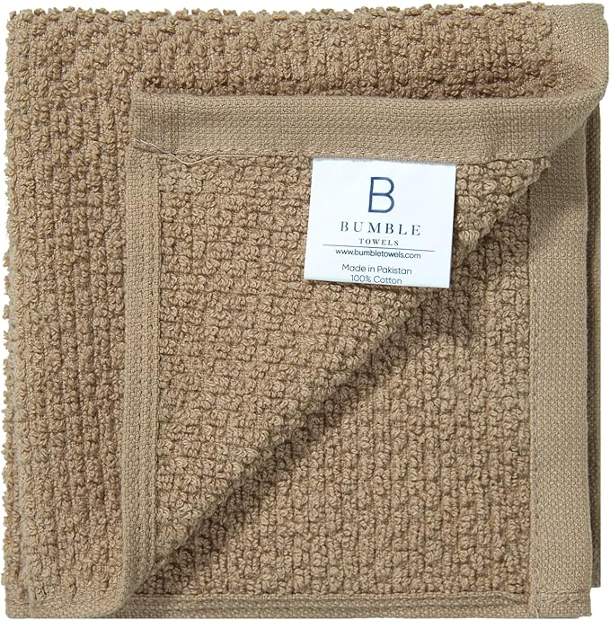 Bumble Towels Premium Dish Cloths 12"x12" | 100% Natural Ring Spun Cotton Tea Towel Set | 430 GSM | Highly Absorbent & Soft Kitchen Towels | 8 Pack - 4 Popcorn Wide Striped & 4 Solid Tan