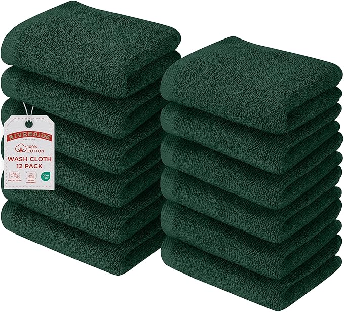 RIVERSIDE Pack of 12 Washcloths, 12 x 12 Inches, 100% Cotton, Premium Flannel Face Cloths, Highly Absorbent & Soft Feel Fingertip Towels (Forest Green, 12 Pack)