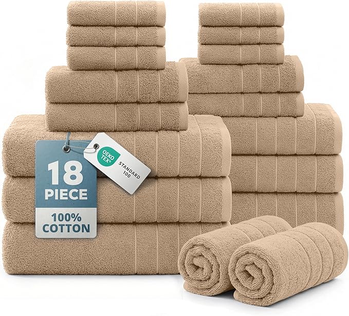 Casa Platino 18 Pcs 100% Cotton Towel Set - Soft, Absorbent & Perfect Family Set - 6 Bath, 6 Washcloths, 6 Hand Towels for Bathroom - Ideal for Home, Spa & Gym - Quality You Can Trust - Beige