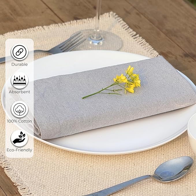Ramanta Home Light Grey Cotton Dinner Napkins Set of 12, 18x18 Inch 100% Cotton Cloth Napkins, Reusable Fabric Table Napkins for Everyday Dining, Parties, Wedding, Spring & Easter Table Décor Washable