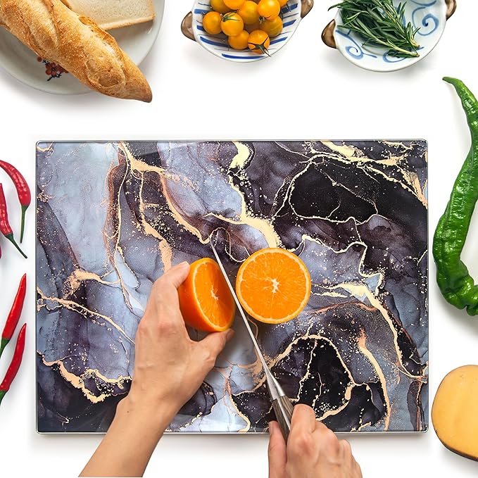 Kitchenville Glass Cutting Board 16"x12": Tempered Glass Kitchen Counter Protector - Durable- Scratch-Resistant, Heat-Proof - Design 8 - Grey & Gold