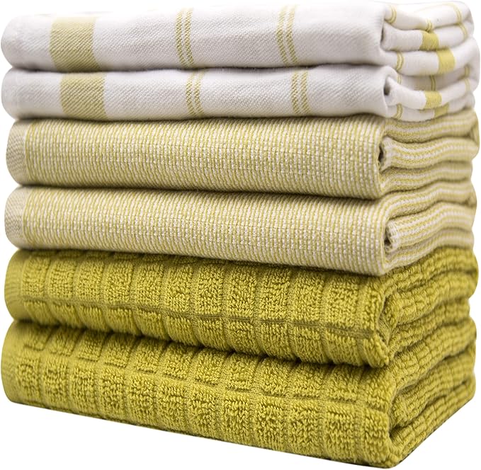 Premium Kitchen Towels (20”x 28”, 6 Pack) | Large Cotton Dish Towels | Flat & Terry Highly Absorbent Kitchen Linen Set with Hanging Loop | Lime Green Check