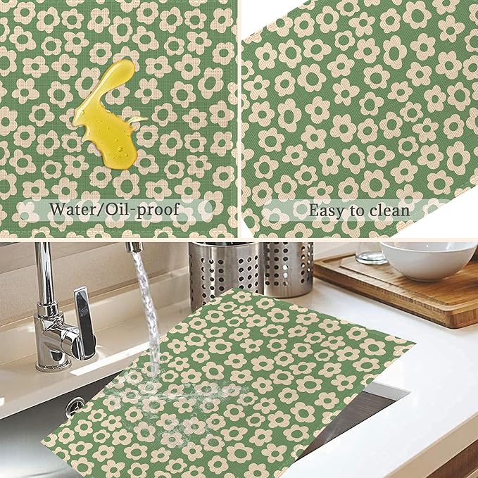 Spring Green Flower Placemats Set of 6,Washable Heat Resistant 12×18 Inch Linen Table Mats Groovy Place Mats for Party Outdoor Dining Décor