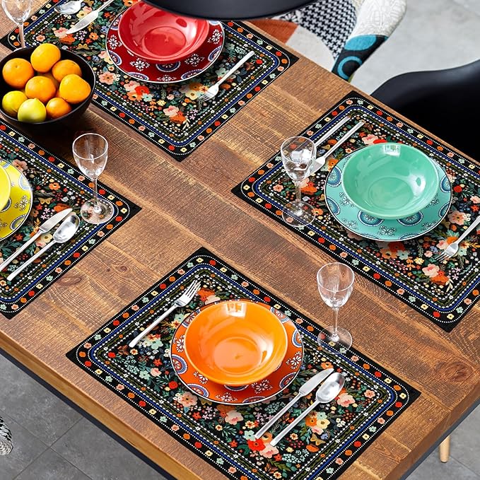 Vintage Flowers Linen Placemat Set Black Wildflower Table Mats for Home Kitchen Dining Decoration 12 X 18 in Floral