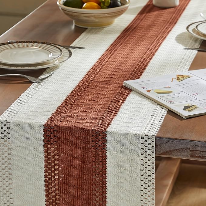 ZeeMart Macrame Style Bicolor Stitching Table Runner, 14 x 36 Inch Terracota/Ivory, Boho Rust Table Runners 36 Inches Long, Farmhouse Woven Home Decor