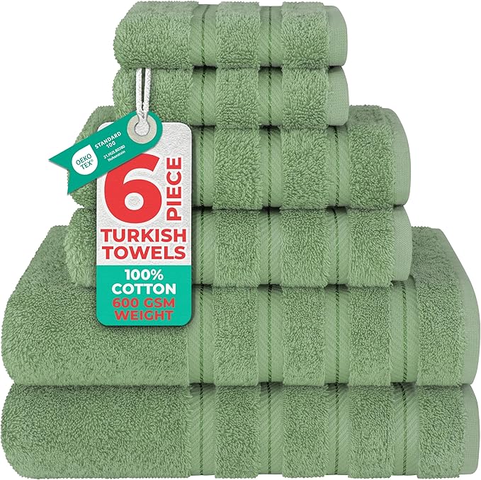 American Soft Linen Luxury 6 Piece Towel Set, 2 Bath Towels 2 Hand Towel 2 Washcloths, 600 GSM 100% Cotton Turkish Towels for Bathroom, Sage Green Towel Sets