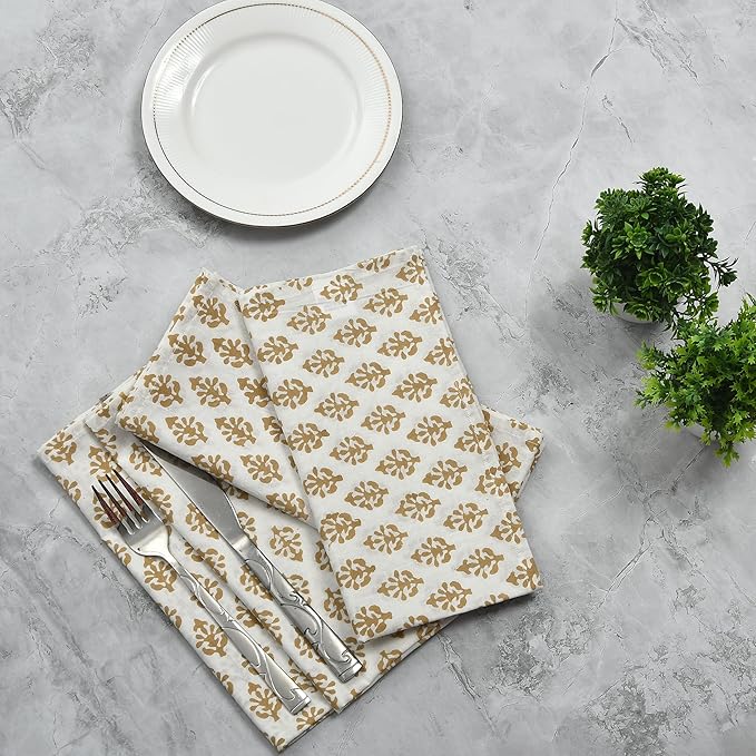 CPC Cloth Napkins 100% Cotton Set of 4 Reusable Napkins, Indian Block Print Toile Floral Dinner Napkin, Fall Thanksgiving Christmas Holiday Party Gift - Soft Absorbent Napkin, 18"x18" Yellow Flower