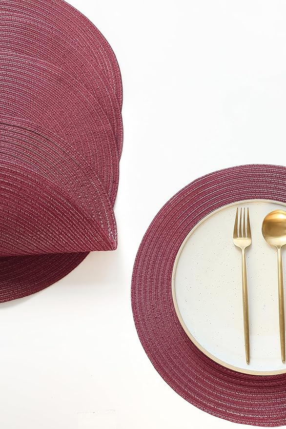 Floroom 15 Inch Round Braided Placemats Set of 4, Washable Heat Resistant Cotton Polyester Circle Place Mats for Kitchen Dining Table - Burgundy