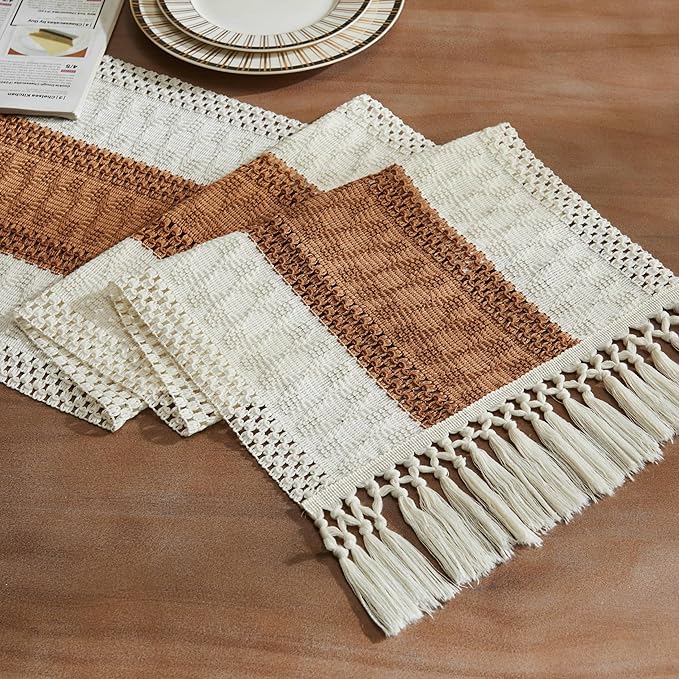 ZeeMart Macrame Style Bicolor Stitching Table Runner, 14 x 36 Inch Caramel/Ivory, Boho Caramel Table Runners 36 Inches Long, Farmhouse Woven Home Decor