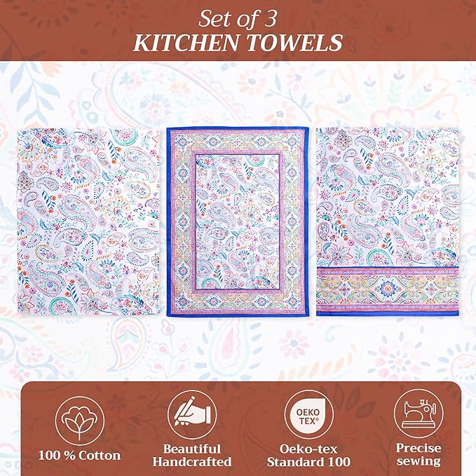 Maison d' Hermine Kitchen Towels Set of 3 100% Cotton 27.50" x 20" Reusable Cloth Tea Dish Towels Absorbent with Hanging Loop for Kitchen Gifts for Mothers Day Spring/Summer (Indian Floral)