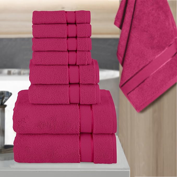 Elegant Comfort Premium Cotton 8-Piece Towel Set, Includes 4 Washcloths, 2 Hand Towels and 2 Bath Towels, 100% Turkish Cotton - Highly Absorbent and Super Soft Towels for Bathroom, Hot Pink