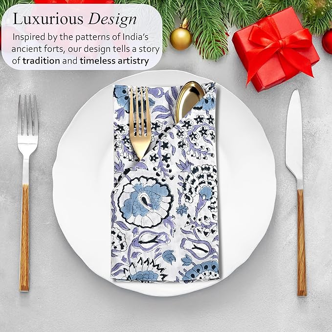 CPC Indigo Blue Indian Block Print Cotton Cloth Napkins Set of 4, 18x18 Reusable Everyday Napkins, Soft, Absorbent, Floral Dinner Napkin, Holiday, Party Gift, Spring,Mother's Day