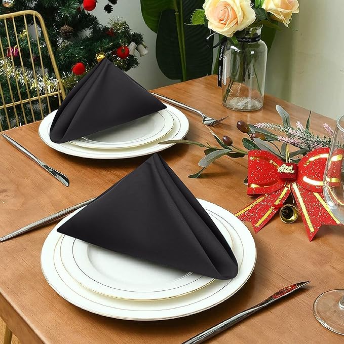 Ruvanti Cloth Napkins set of 12, 18x18 Inches Napkins Cloth Washable, Soft, Durable, Absorbent, Cotton Blend. Table Dinner Napkins Cloth for Hotel, Lunch, Restaurant, Weddings, Events, Parties - Black