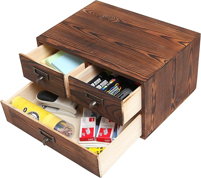 MyGift Wooden Desk Organizer with Drawers, Dark Brown Wood Desktop Storage Cabinet with 3 Drawers for Office Supplies, Sewing Kits and Accessories
