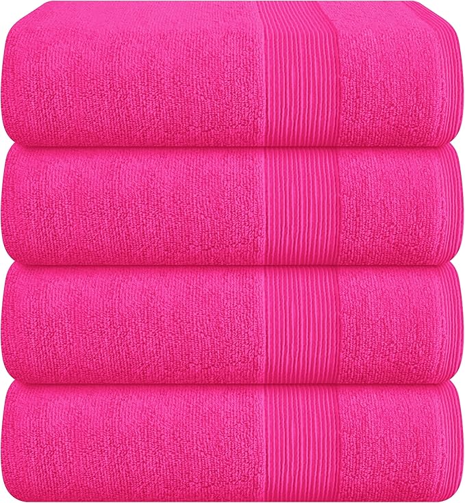 Belizzi Home 4 Pack Bath Towel Set 27x54, 100% Ring Spun Cotton, Ultra Soft Highly Absorbent Machine Washable Hotel Spa Quality Bath Towels for Bathroom, 4 Bath Towels - Hot Pink
