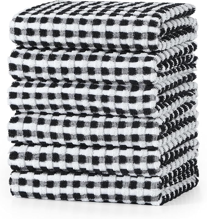 SALAS Cotton Dish Towels Cloths for Kitchen Drying Dishes, Lattice Terry Kitchen Towels, Highly Absorbent Kitchen Cloths with Hanging Loop, 16‘’ x 26‘’, 6 Packs, Black
