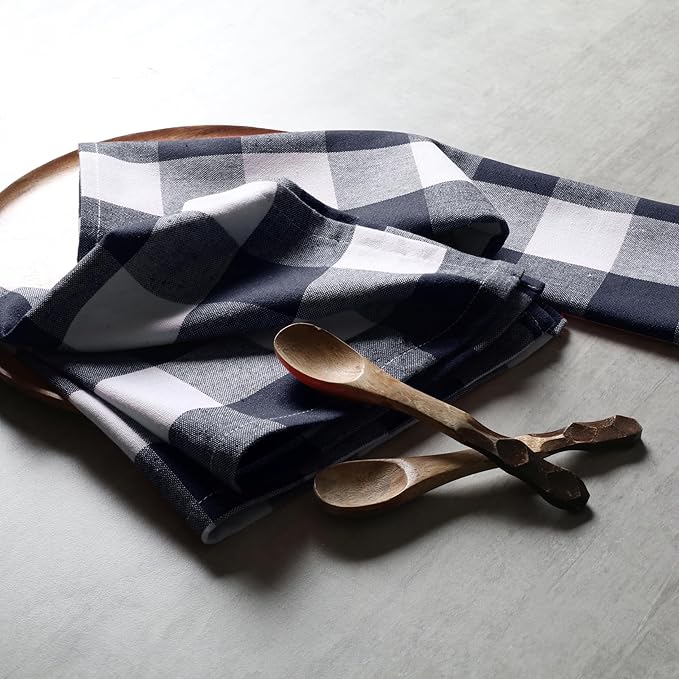 Native Fab Navy Buffalo Check Cloth Napkins, Set of 4, 16x16 inch, Plaid Checked Pattern, 100% Cotton, Soft, Absorbent, Reusable Table Napkin for Dinner, Wedding, Party, Holiday, Cocktail - Navy Blue