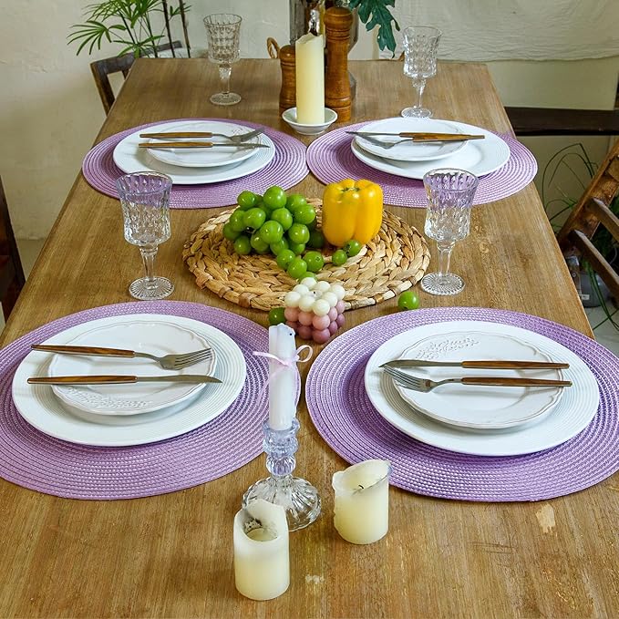 FunWheat Round Braided Placemats Set of 8 Table Mats for Dining Tables Woven Washable Non-Slip Place mats 15 inch(Lavender Purple,8pcs)