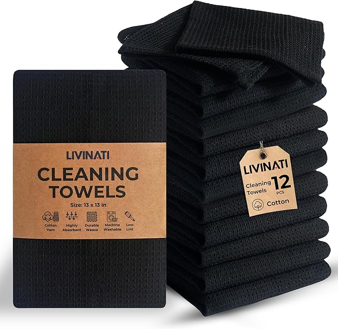 Black Cotton Cleaning Rags For Housekeeping - Trapos Paños De Limpieza Reutilizables - Kitchen Bar Shop Towel Dish Mop Wash Cloth For House Dust - Reusable Washable Absorbent - 13"x13" 12 Pack
