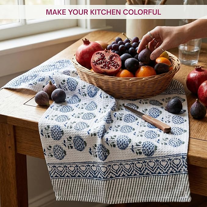 ATOSII 100% Cotton Hand Block Print Waffle Kitchen Towel, Set of 3, 18 x 26 Inches Ultra Absorbent Quick Dry Dish Towels, Lightweight Reusable Sustainable Tea Towels for Cleaning and Drying, Roma Blue
