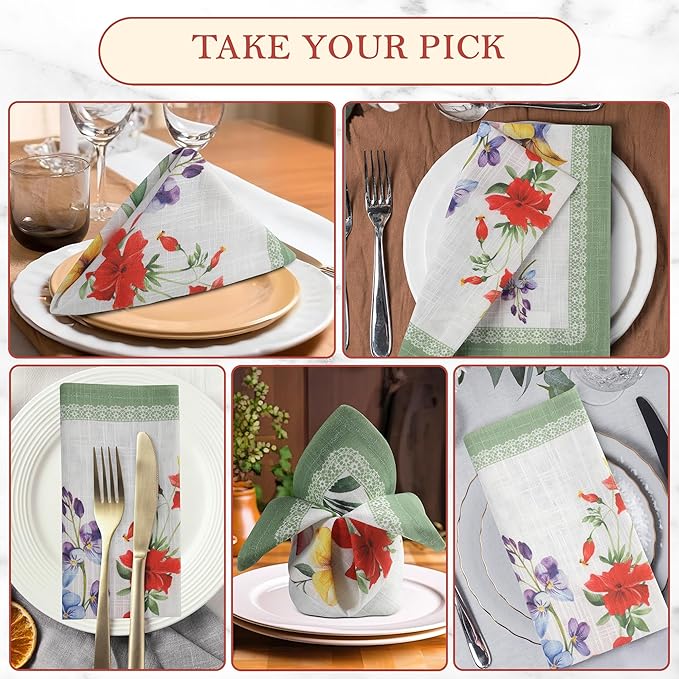 Vintage Vista Cotton Cloth Napkins Set of 4 (17" x 17") - Digital Printed Table Napkins Cloth Washable & Reusable for Everyday Use & Easter - (Red Flowers)