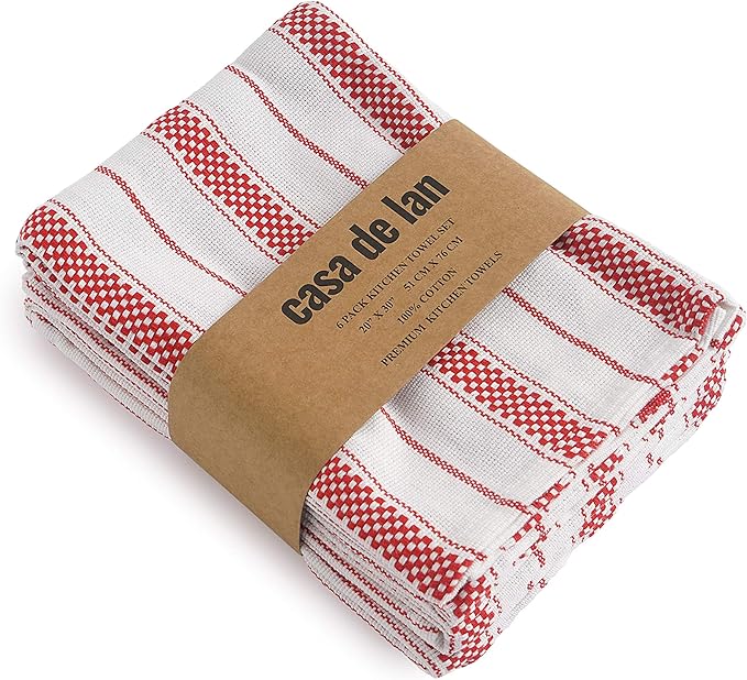 Kitchen Towels Set – Pack of 6 (20’’ x 30’’) Extra Large Premium Cotton Dish Towels for Kitchen – Chain Stripe Towels – Absorbent – 100% Cotton – with Hanging Loop – Red
