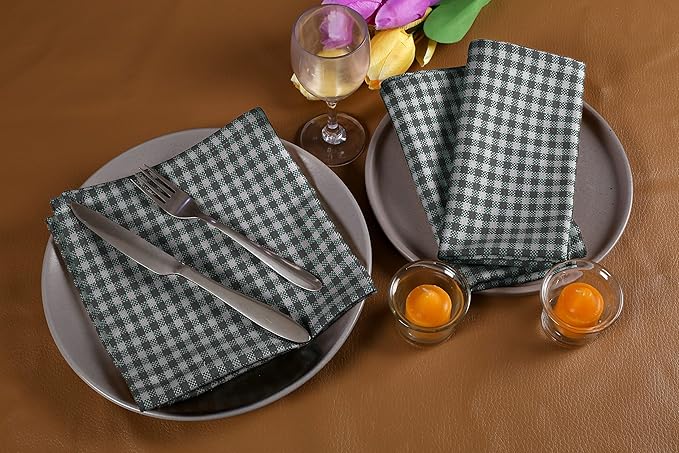 Native Fab Gingham Cloth Napkins 16x16 inches, 100% Cotton Dinner Napkins with Checks, Set of 12, Machine Washable Cloth Napkins, Soft Breathable Absorbent, Grey White