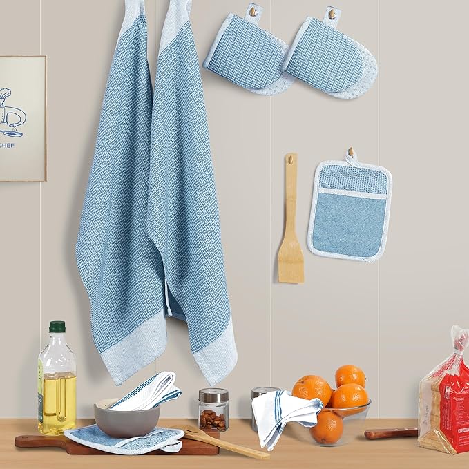 Casa Platino Silicone Oven Mitts Set, 8-Piece – 500°F Heat Resistant Mini Oven Mitt, Potholders for Kitchens, 2 Kitchen Towels & 2 Dish Cloths – Durable, Non-Slip & Machine Washable – Cornflower