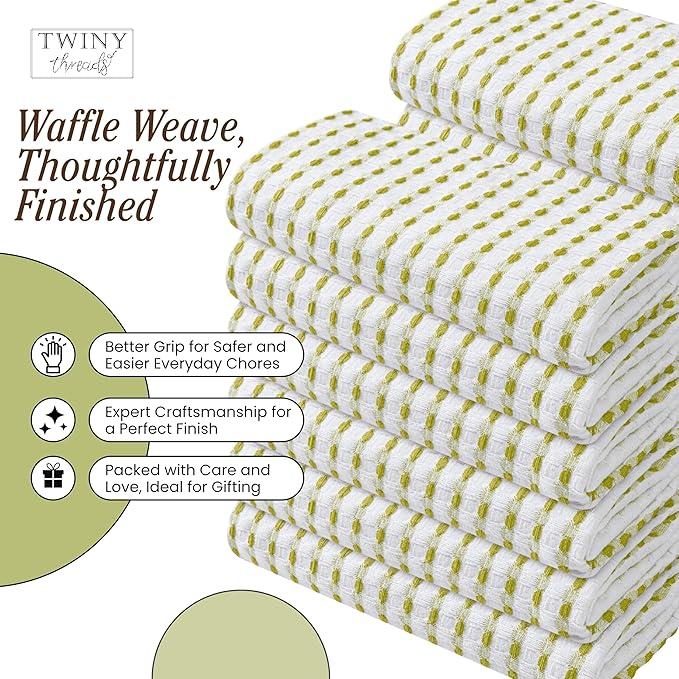TWINY threads Waffle Kitchen Towels Set of 4, 16x26 Inches, 100% Cotton Waffle Weave Dish Cloth Pack, Super Absorbent & Fast Dry Tea Towels for Drying and Cleaning, Lemon Green, White