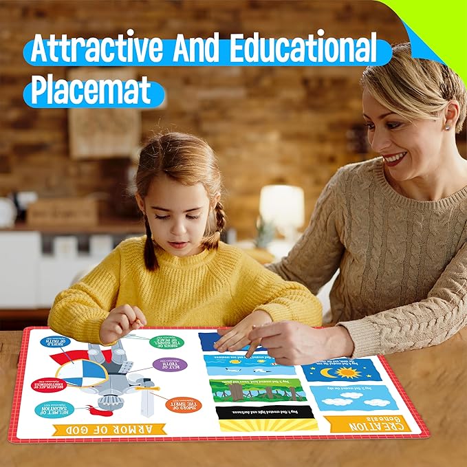 6 Pack Placemats for Kids, Non-Slip Washable Table Mats, Reusable Bible Themed Dining Mat, Educational Placemats for Home, Kindergarten, Classroom, Nursery