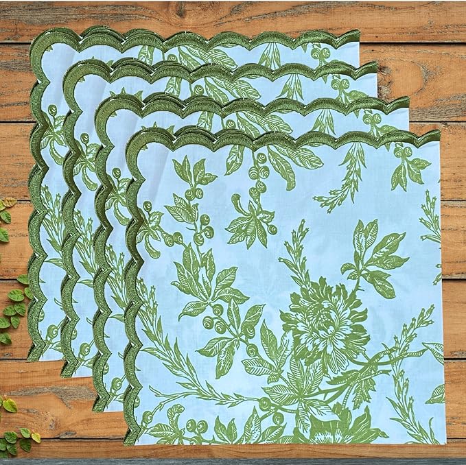 Ridhi Hand Block Print Olive Green 18" x 18" (Set of 4) Embroidery Table Napkins Reusable Cotton Dinner Napkins for Weddings, Parties, Everyday Dining Gift for Spring, Easter, Valentine