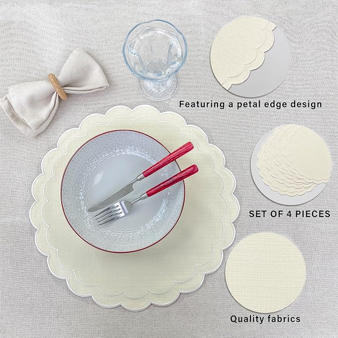 Linen Cotton Placemats Set of 4 Scalloped Flower Embroidery Place Mats 15'' Natural Linen Texture Fabric Machine Washable Table Mats for Restaurant Kitchen,Table Decor(Butter Yellow)