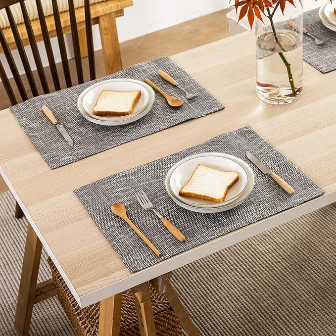 Kevin Textile Burlap Linen Placemats Set of 6 Heat Resistant Dining Table Place Mats Washable Kitchen Table Mats for Dinning Party Holiday Indoor Outdoor, 13 x19 inches, Light Grey