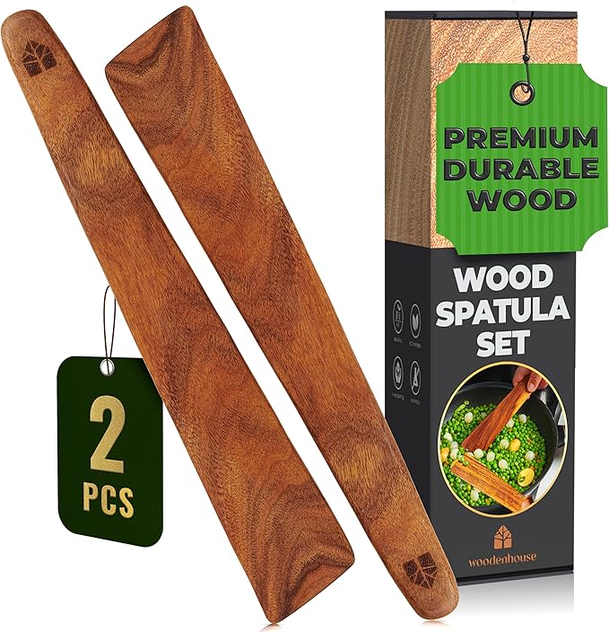 Wooden Spatula for Cooking Set of 2-12 Inch Teak Spatula for Non Stick Frying Pan - Turner & Flipper for Cast Iron, Egg & Pancake Scraper - BPA Free & Heat Resistant Wooden Cooking Utensils