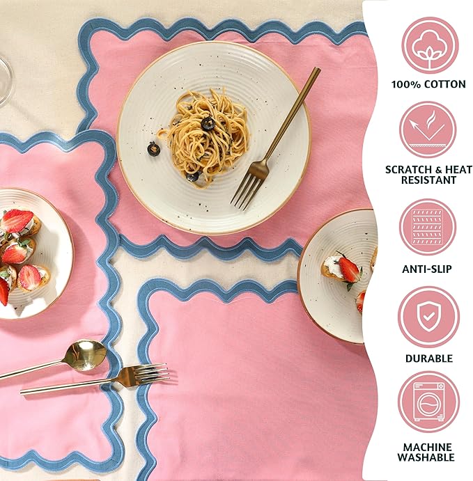 Folkulture Placemats Set of 4 (13 x 19) | 100% Cotton, Cute, Heat Resistant,Machine Washable Scalloped Place Mats | Pink Rectangular Cloth Table Placemats or Dining Table Mats for Dinner Party