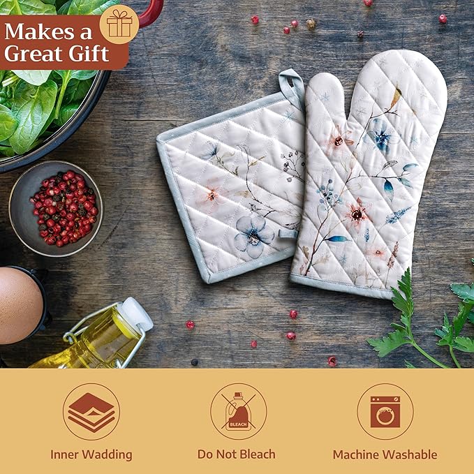 Maison d' Hermine Oven Gloves 100% Cotton Oven Mitt 7" x 13" with Loop Heat Resistant BBQ Cooking Gloves for Thanksgiving Christmas Decorations Baking Handling Hot Pans (Pack of 1, Ice Florals)