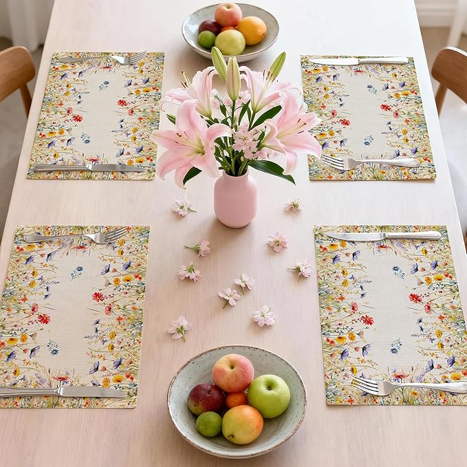Spring Place Mats Set of 4 12x18 inch for Dinning Table - Blooming Floral Spring Table Decor, Party - Farmhouse Flower Seasonal Table Mats Decroations for Home