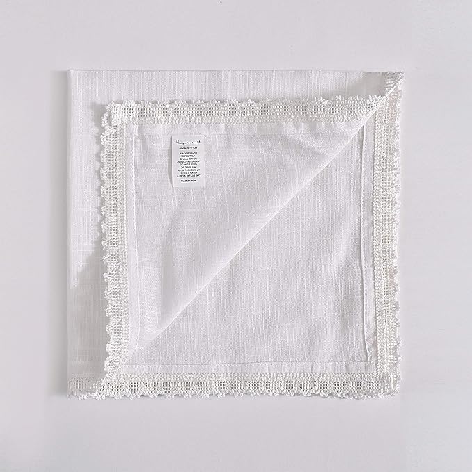 FINGERCRAFT Dinner Cloth Napkin Cotton Linen 4 Pack Vintage Rustic Premium Quality Mitered Corners Napkin Cloth with Elegant Lace for Everyday Use, Pre Shrunk and Good Absorbency 20x20 in White