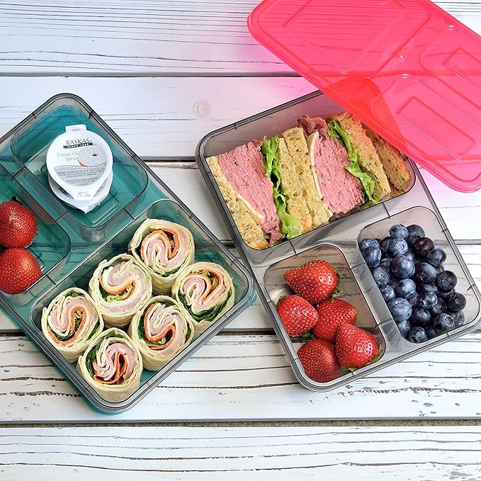 Youngever 7 Sets Thick Large Bento Lunch Box 40 Ounce, Meal Prep Containers, Reusable Plastic Divided Food Storage Container Boxes (3 Compartment)