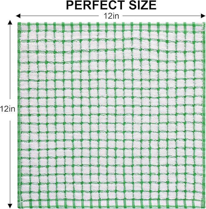 Kitinjoy Cotton 12 Pack Terry Kitchen Dish Cloths, 12 x 12 Inches Super Soft and Absorbent Dish Rags, Quick Drying Dish Towels for Washing Dishes, Green