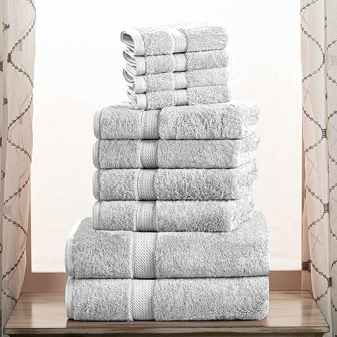 Superior Egyptian Cotton Pile 10 Piece Towel Set, Includes 2 Bath, 4 Hand, 4 Face Towels/ Washcloths, Ultra Soft Luxury Towels, Thick Plush Essentials, Guest Bath, Spa, Hotel Bathroom, Silver
