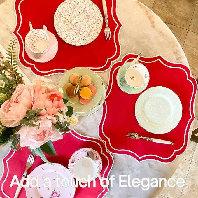 Cotton Linen Placemats Set of 4 - Double Layered, Machine Washable, Scalloped & Embroidered Cloth Table Mats - Luxury Gift for Wedding, Birthday & Mother's Day 19 x 17 inch, Red