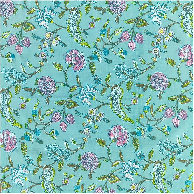 Craftbot Soft Washable Thin Cotton Dinner Napkins 18x18 inches - Set of 6 - Everyday Use or Dinner Party and Events - Sea Green and Turquoise and Yellow Floral Lightweight Indian Block Print Fabric
